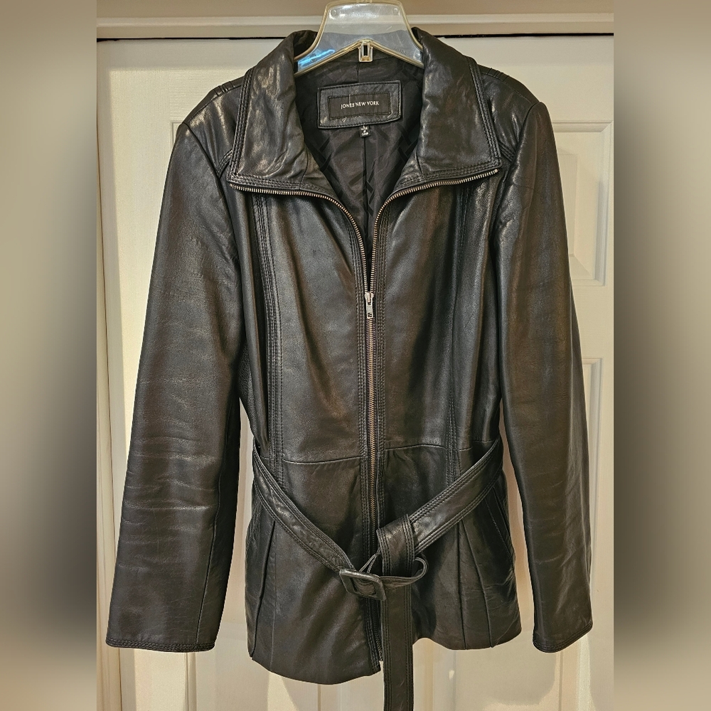 Jones New York Black Leather Jacket with Belt